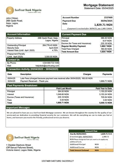 Nigeria SunTrust Bank mortgage statement Word and PDF template Nigeria SunTrust Bank mortgage statement Word and PDF template