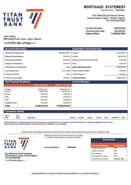 Nigeria Titan Trust Bank mortgage statement Word and PDF template Nigeria Titan Trust Bank mortgage statement Word and PDF template