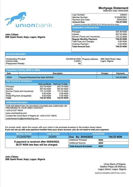 Nigeria Union Bank of Nigeria mortgage statement Word and PDF template Nigeria Union Bank of Nigeria mortgage statement Word and PDF template