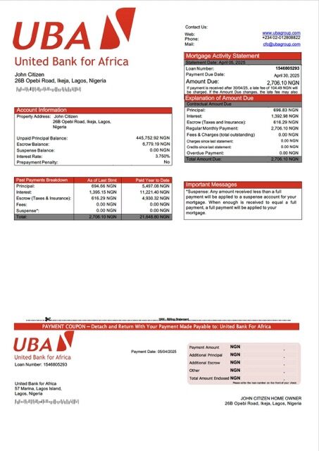 Nigeria United Bank for Africa mortgage statement Word and PDF template Nigeria United Bank for Africa mortgage statement Word and PDF template