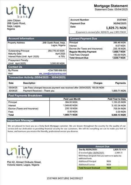 Nigeria Unity Bank mortgage statement Word and PDF template Nigeria Unity Bank mortgage statement Word and PDF template