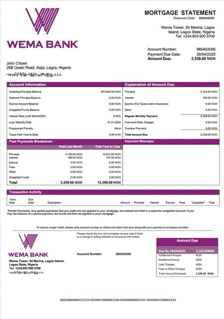 Nigeria Wema Bank mortgage statement Word and PDF template Nigeria Wema Bank mortgage statement Word and PDF template