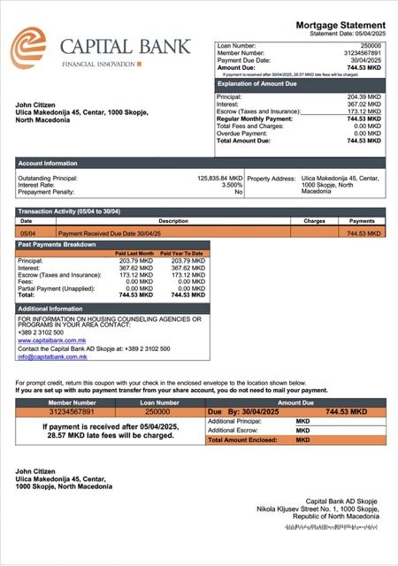North Macedonia Capital Bank AD Skopje mortgage statement Word and PDF template North Macedonia Capital Bank AD Skopje mortgage statement Word and PDF template