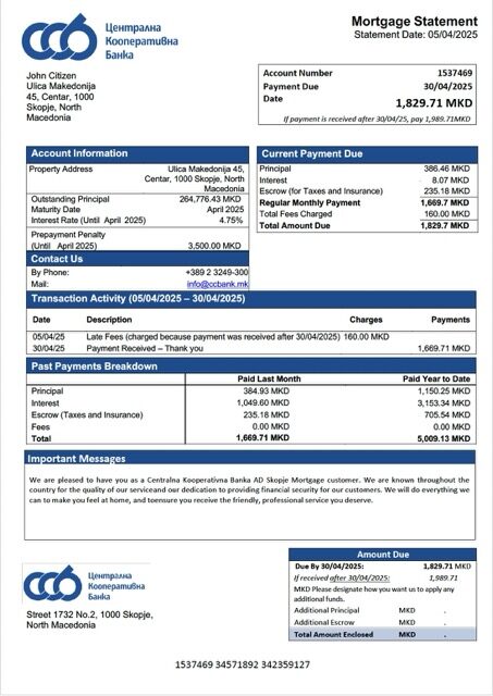 North Macedonia Centralna Kooperativna Banka AD Skopje mortgage statement Word and PDF template North Macedonia Centralna Kooperativna Banka AD Skopje mortgage statement Word and PDF template