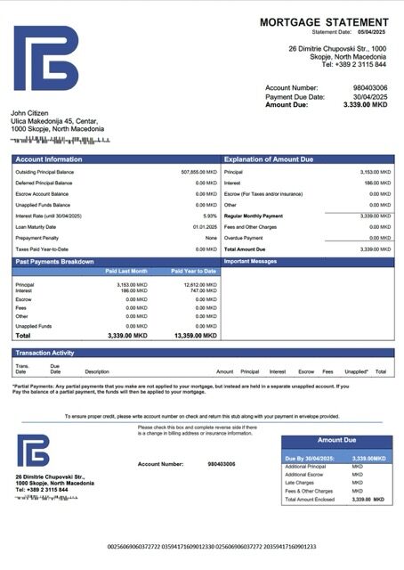 North Macedonia Development Bank of North Macedonia mortgage statement Word and PDF template North Macedonia Development Bank of North Macedonia mortgage statement Word and PDF template
