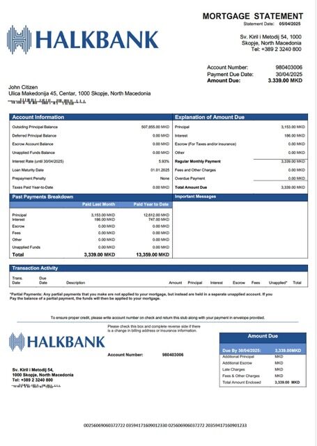North Macedonia Halkbank mortgage statement Word and PDF template North Macedonia Halkbank mortgage statement Word and PDF template