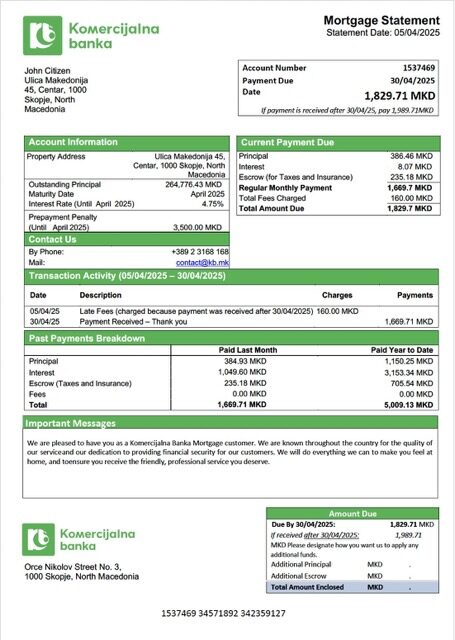 North Macedonia Komercijalna Banka mortgage statement Word and PDF template North Macedonia Komercijalna Banka mortgage statement Word and PDF template