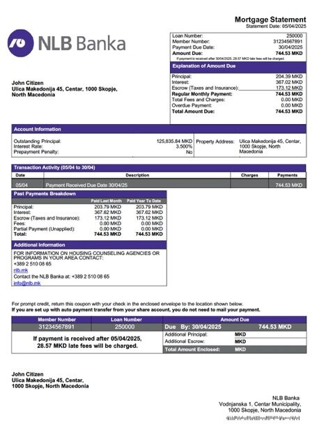 North Macedonia NLB Banka mortgage statement Word and PDF template North Macedonia NLB Banka mortgage statement Word and PDF template