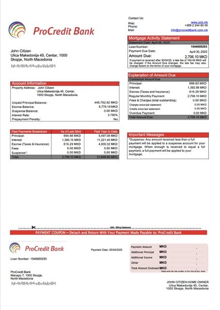 North Macedonia ProCredit Bank mortgage statement Word and PDF template North Macedonia ProCredit Bank mortgage statement Word and PDF template