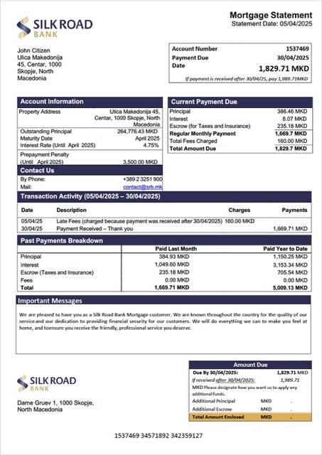 North Macedonia Silk Road Bank mortgage statement Word and PDF template North Macedonia Silk Road Bank mortgage statement Word and PDF template