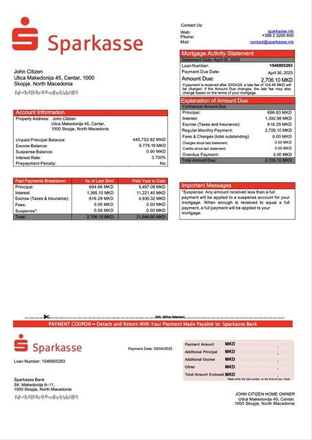 North Macedonia Sparkasse Bank mortgage statement Word and PDF template North Macedonia Sparkasse Bank mortgage statement Word and PDF template
