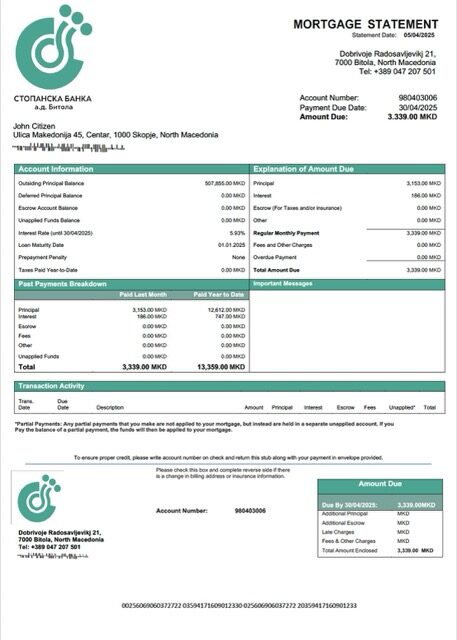 North Macedonia Stopanska Banka AD Bitola mortgage statement Word and PDF template North Macedonia Stopanska Banka AD Bitola mortgage statement Word and PDF template
