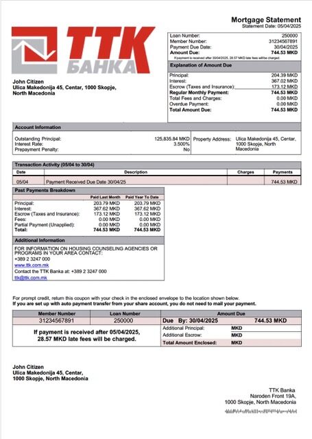 North Macedonia TTK Banka mortgage statement Word and PDF template North Macedonia TTK Banka mortgage statement Word and PDF template