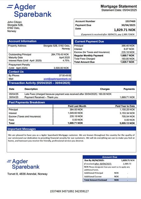 Norway Agder Sparebank mortgage statement Word and PDF template Norway Agder Sparebank mortgage statement Word and PDF template
