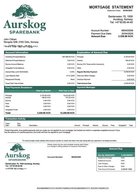 Norway Aurskog Sparebank mortgage statement Word and PDF template Norway Aurskog Sparebank mortgage statement Word and PDF template