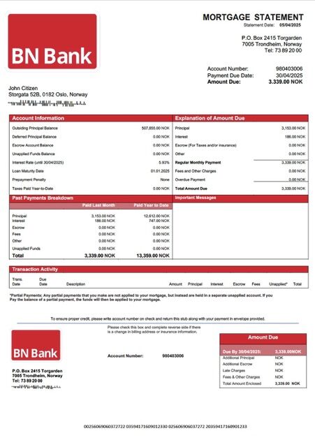 Norway BN Bank mortgage statement Word and PDF template Norway BN Bank mortgage statement Word and PDF template