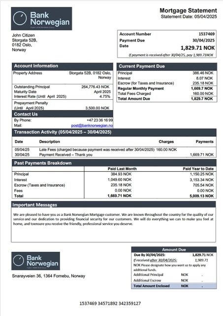 Norway Bank Norwegian mortgage statement Word and PDF template Norway Bank Norwegian mortgage statement Word and PDF template
