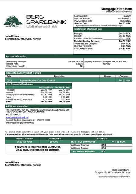 Norway Berg Sparebank mortgage statement Word and PDF template Norway Berg Sparebank mortgage statement Word and PDF template