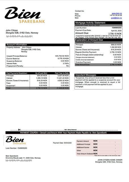 Norway Bien Sparebank mortgage statement Word and PDF template Norway Bien Sparebank mortgage statement Word and PDF template