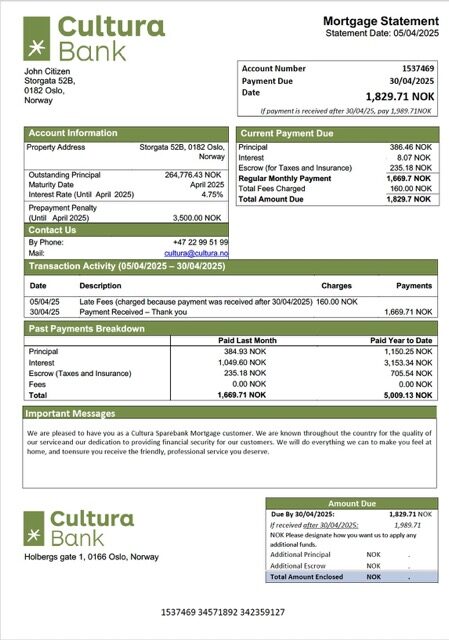 Norway Cultura Sparebank mortgage statement Word and PDF template Norway Cultura Sparebank mortgage statement Word and PDF template