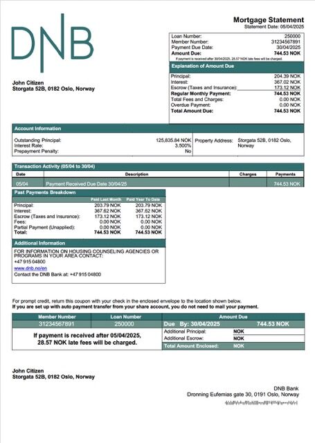 Norway DNB Bank mortgage statement Word and PDF template Norway DNB Bank mortgage statement Word and PDF template