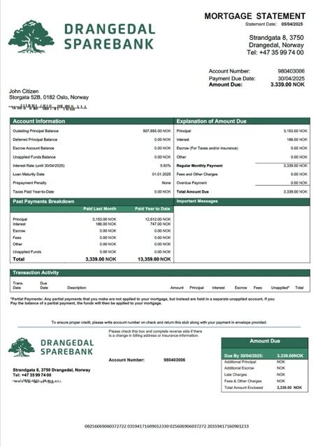 Norway Drangedal Sparebank mortgage statement Word and PDF template Norway Drangedal Sparebank mortgage statement Word and PDF template
