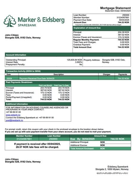Norway Eidsberg Sparebank mortgage statement Word and PDF template Norway Eidsberg Sparebank mortgage statement Word and PDF template