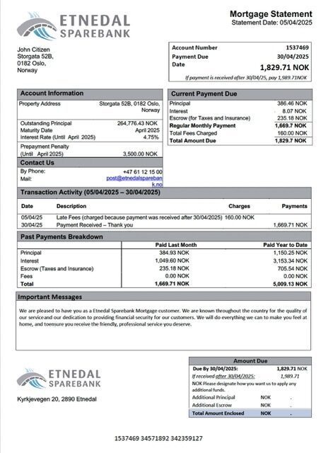 Norway Etnedal Sparebank mortgage statement Word and PDF template Norway Etnedal Sparebank mortgage statement Word and PDF template