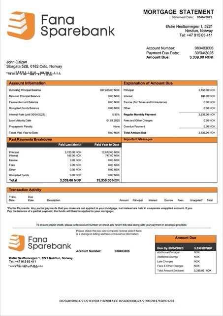Norway Fana Sparebank mortgage statement Word and PDF template Norway Fana Sparebank mortgage statement Word and PDF template