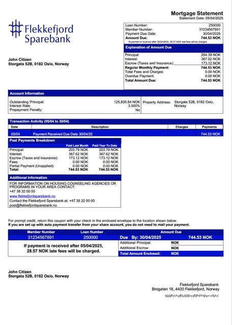 Norway Flekkefjord Sparebank mortgage statement Word and PDF template Norway Flekkefjord Sparebank mortgage statement Word and PDF template