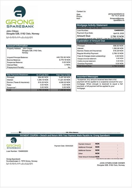 Norway Grong Sparebank mortgage statement Word and PDF template Norway Grong Sparebank mortgage statement Word and PDF template