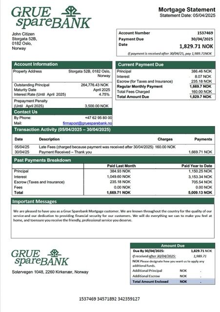 Norway Grue Sparebank mortgage statement Word and PDF template Norway Grue Sparebank mortgage statement Word and PDF template