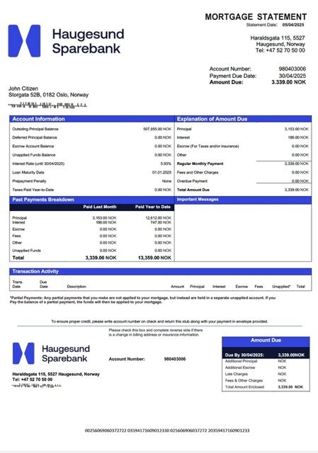 Norway Haugesund Sparebank mortgage statement Word and PDF template Norway Haugesund Sparebank mortgage statement Word and PDF template
