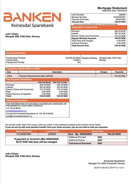 Norway Kvinesdal Sparebank mortgage statement Word and PDF template Norway Kvinesdal Sparebank mortgage statement Word and PDF template