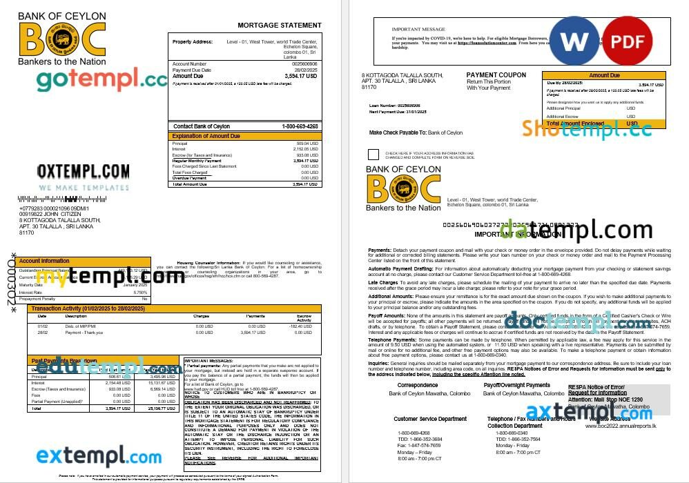 Sri Lanka Bank of Ceylon mortgage statement in Word and PDF formats Sri Lanka Bank of Ceylon mortgage statement in Word and PDF formats