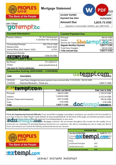 Sri Lanka People’s Bank mortgage statement in Word and PDF formats Sri Lanka People’s Bank mortgage statement in Word and PDF formats