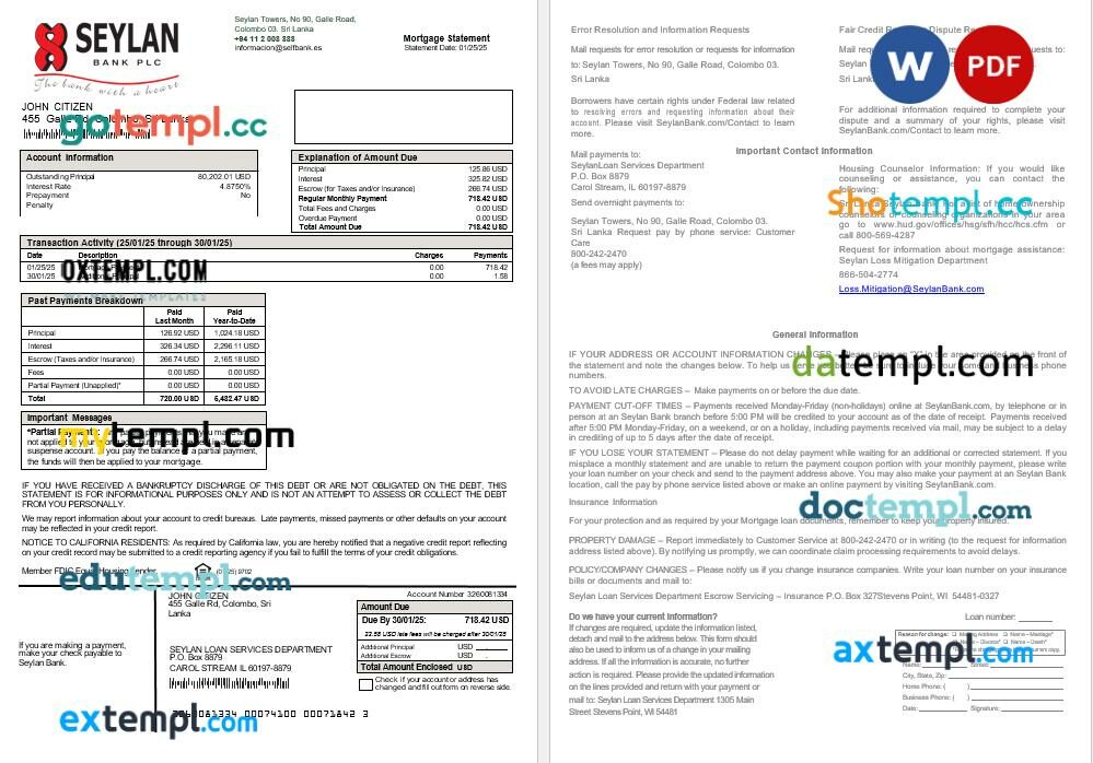 Sri Lanka Seylan Bank mortgage statement in Word and PDF formats, 2 pages Sri Lanka Seylan Bank mortgage statement in Word and PDF formats, 2 pages