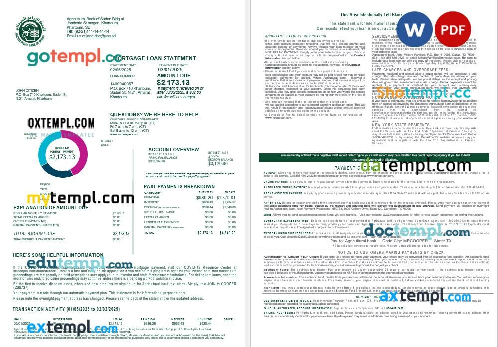 Sudanese Agricultural Bank of Sudanese bank mortgage loan statement in Word and PDF formats, 4 pages Sudanese Agricultural Bank of Sudanese bank mortgage loan statement in Word and PDF formats, 4 pages
