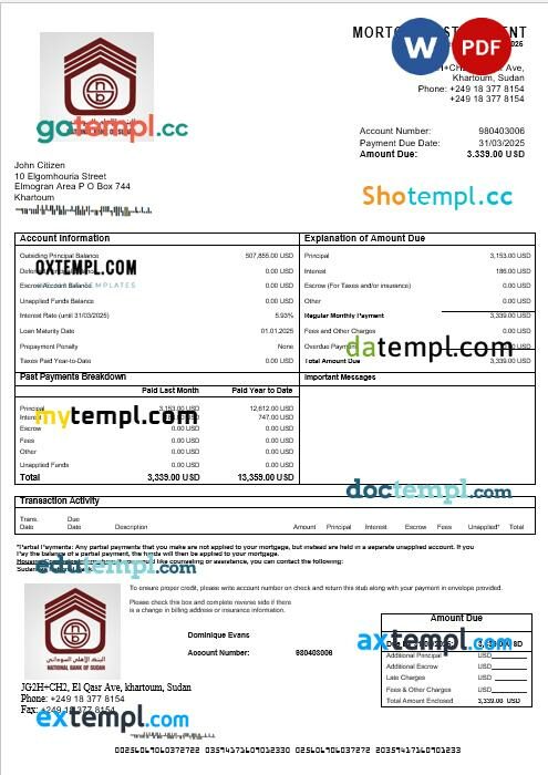 Sudanese National Bank mortgage statement in Word and PDF formats Sudanese National Bank mortgage statement in Word and PDF formats