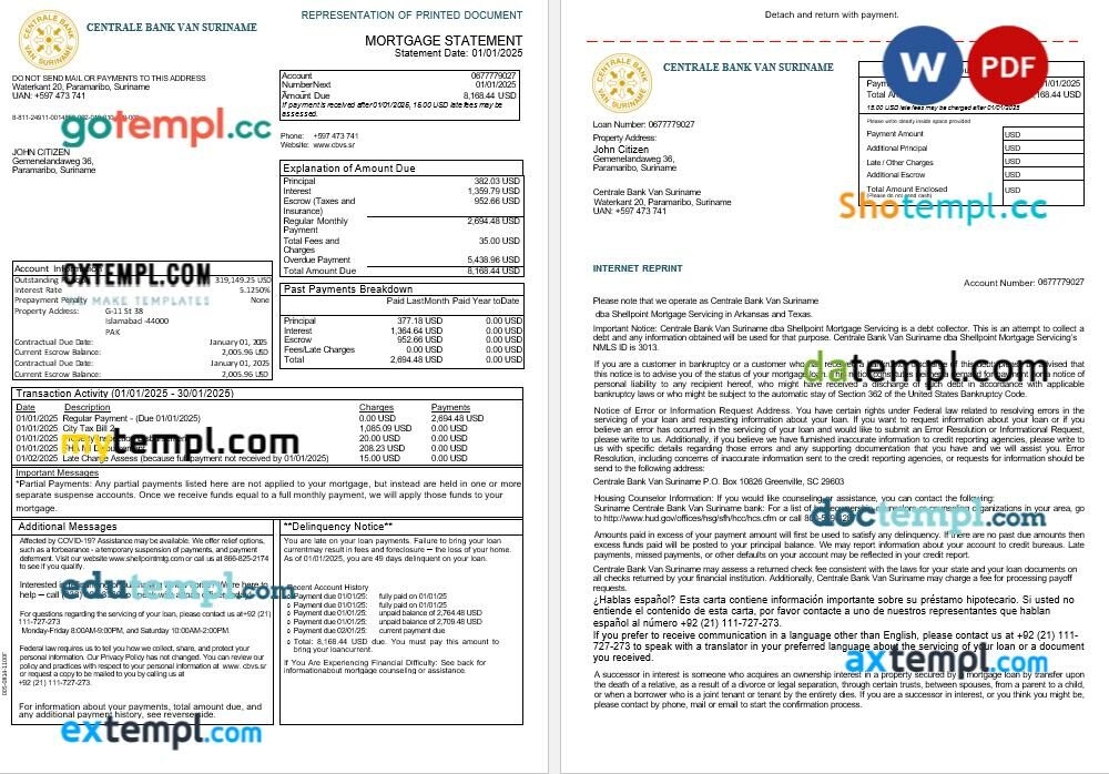 Suriname Centrale Bank Van Suriname bank mortgage statement in Word and PDF formats, 3 pages Suriname Centrale Bank Van Suriname bank mortgage statement in Word and PDF formats, 3 pages