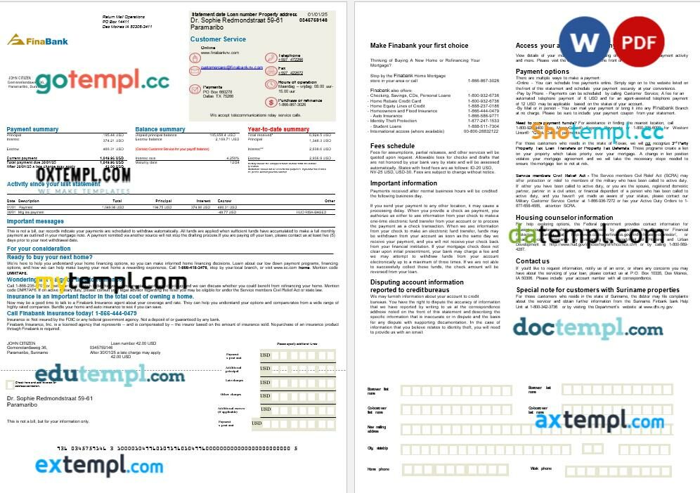 Suriname Finabank bank mortgage statement in Word and PDF formats, 2 pages Suriname Finabank bank mortgage statement in Word and PDF formats, 2 pages