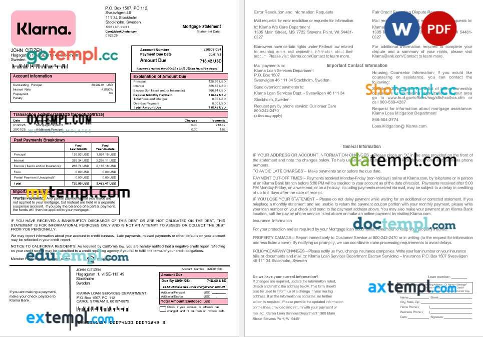 Sweden Klarna Bank mortgage statement in Word and PDF formats Sweden Klarna Bank mortgage statement in Word and PDF formats
