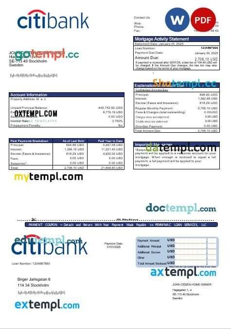 Swedish Citibank mortgage statement in Word and PDF formats Swedish Citibank mortgage statement in Word and PDF formats