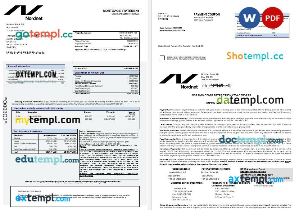 Swedish Nordnet AB bank mortgage statement in Word and PDF formats Swedish Nordnet AB bank mortgage statement in Word and PDF formats