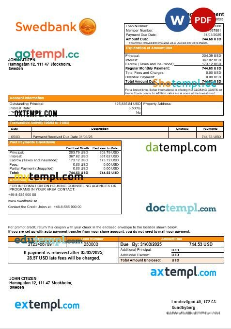 Swedish Swedbank bank mortgage statement in Word and PDF formats Swedish Swedbank bank mortgage statement in Word and PDF formats