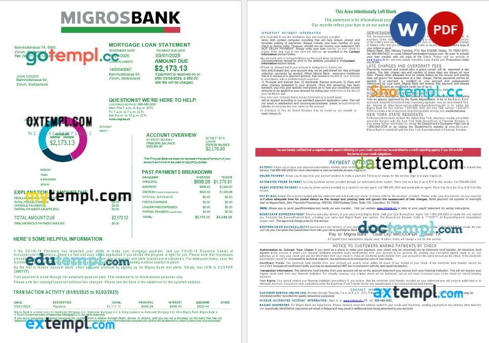 Swiss Migrosbank bank mortgage loan statement in Word and PDF formats, 4 pages Swiss Migrosbank bank mortgage loan statement in Word and PDF formats, 4 pages
