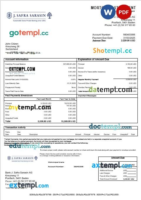 Switzerland Bank J. Safra Sarasin bank mortgage statement in Word and PDF formats Switzerland Bank J. Safra Sarasin bank mortgage statement in Word and PDF formats