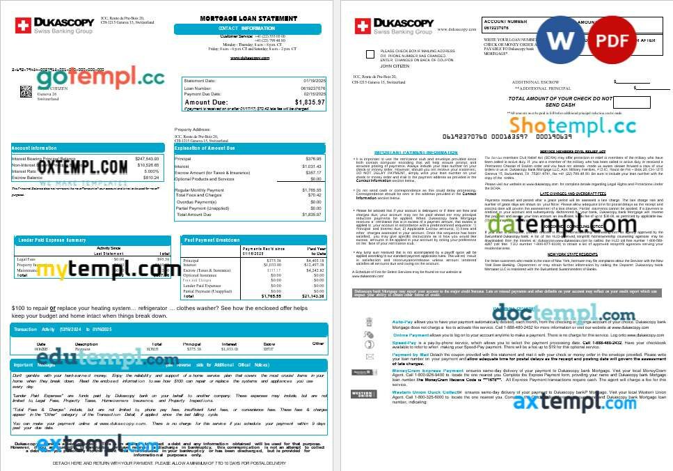 Switzerland Dukascopy bank mortgage loan statement in Word and PDF formats, 8 pages Switzerland Dukascopy bank mortgage loan statement in Word and PDF formats, 8 pages