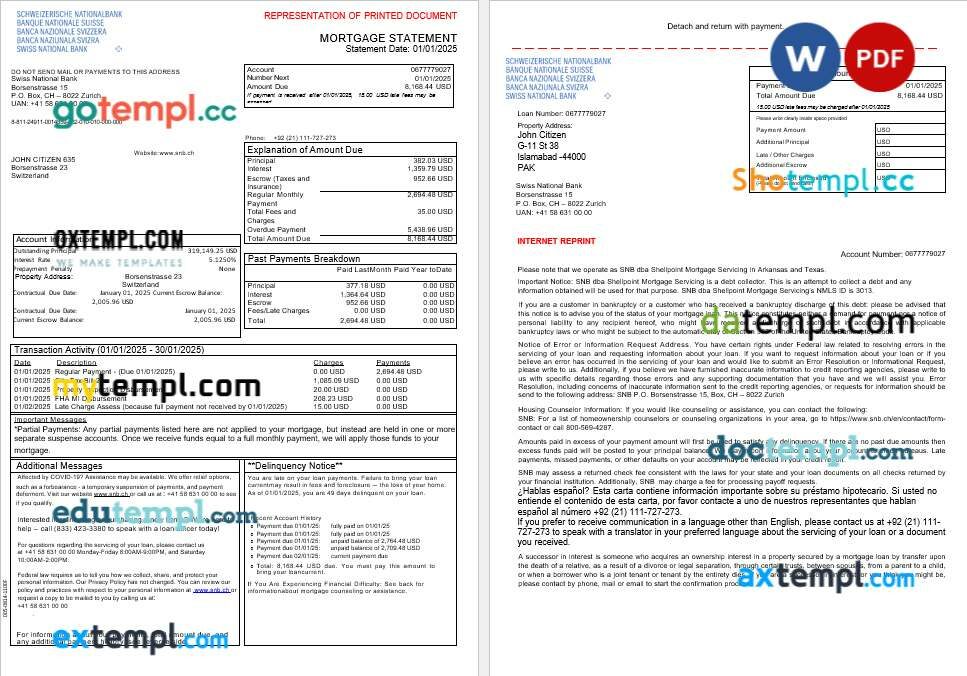 Switzerland Swiss National Bank SNB mortgage statement in Word and PDF formats, 3 pages Switzerland Swiss National Bank SNB mortgage statement in Word and PDF formats, 3 pages
