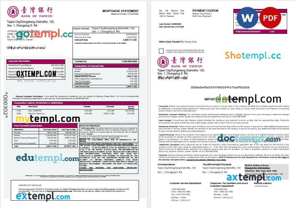 Taiwan Bank of Taiwan bank mortgage statement in Word and PDF formats Taiwan Bank of Taiwan bank mortgage statement in Word and PDF formats